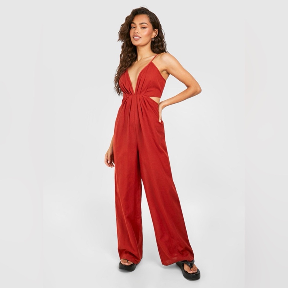 Boohoo Women's Red Linen Cutout Jumpsuit size 14